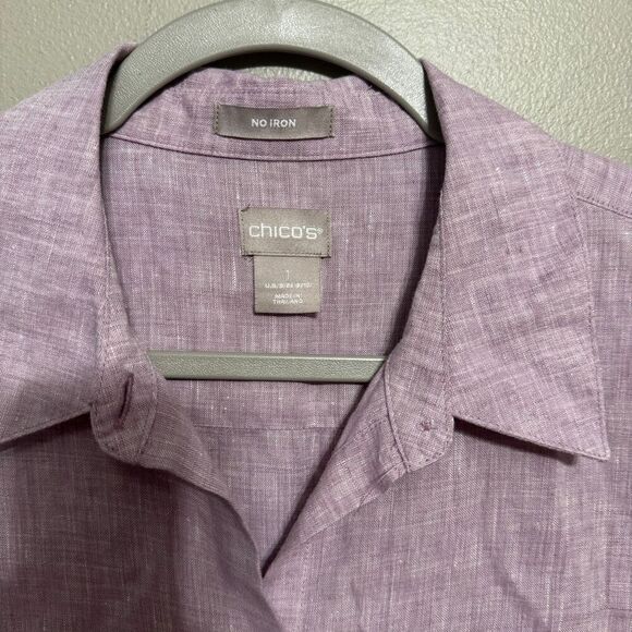 Chico’s no iron 100% linen high low button up shirt purple size 8/10 - Picture 4 of 7